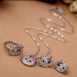 Kitty necklace earrings & adjustable ring set new