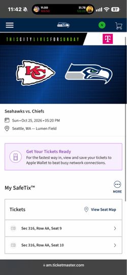 Seahawks ticket section 316, row AA, seats 9 and 10