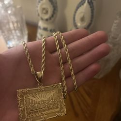 10k Yellow Gold Solid Rope Chain And Last Supper Pendant