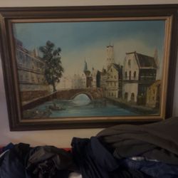 XL European Canal Framed Oil Painting 
