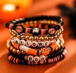 7 pcs set halloween themed polymer clay beaded stackable elastic bracelet set 