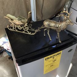 Vintage Solid Brass, handmade, reindeer and sleigh