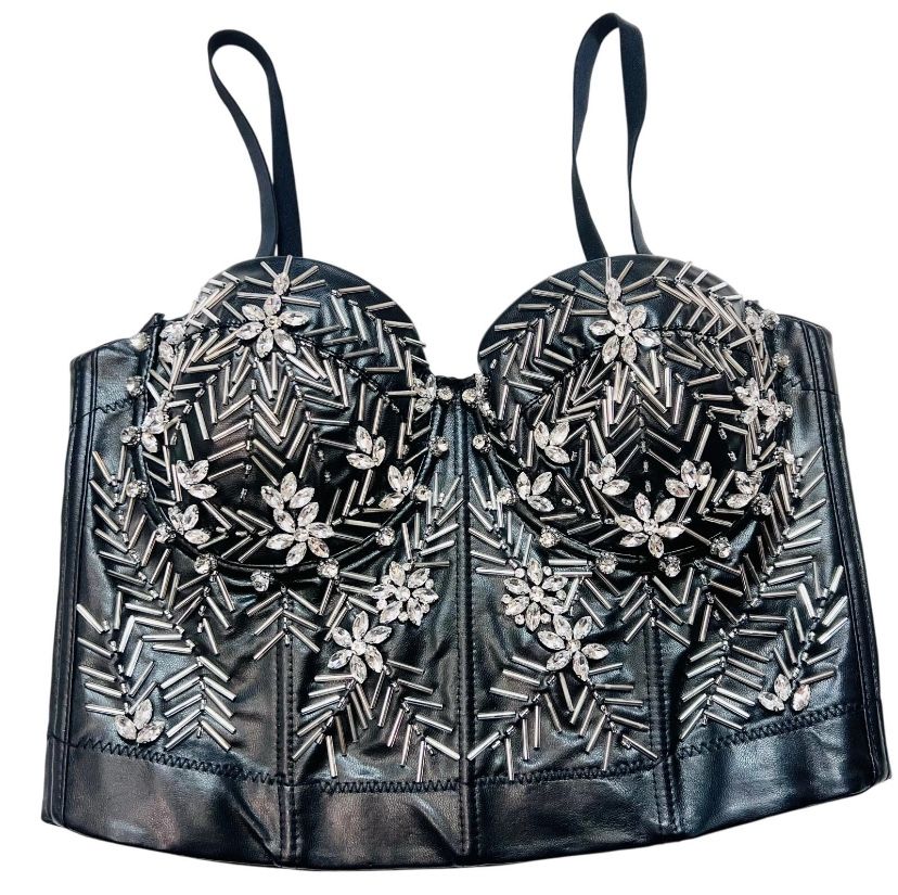 Windsor Halter Corset Top Small PU Leather Spaghetti Strap Beaded Rhinestoned