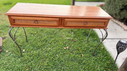 Wood and rattan console table with metal legs $$125 pick up in Fontana city!!!