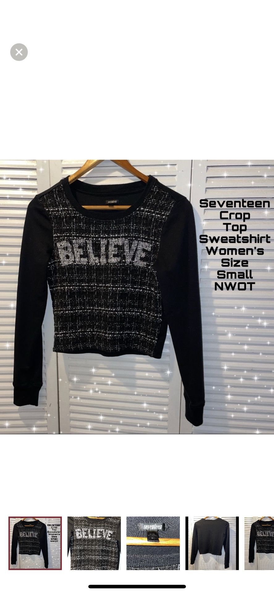 Seventeen Tweed Front Crop Top Long Sleeve "Believe" Sweatshirt Size Small