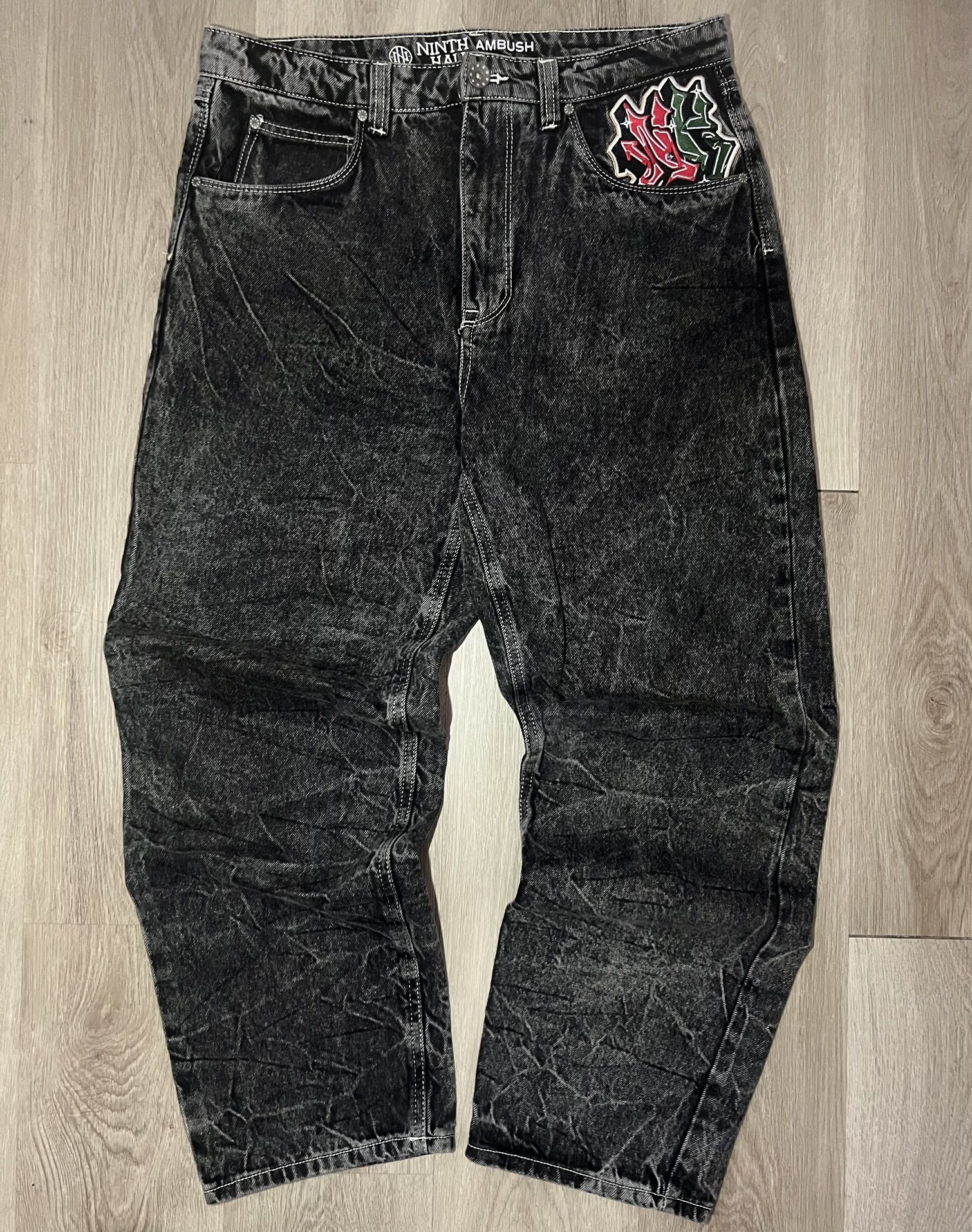 Ninth Hall Ambush Embroidered Black Denim Jeans. Cargo black jeans