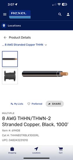 Wire 8 AWG THHN/THWN-2 Stranded Copper, Black, 1000 Ft