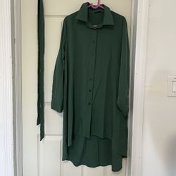 Green midi length full sleeve button down shirt dress
