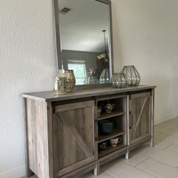 Farmhouse/barn Console, Distressed Grey Piece With Mirror Detached/Overlay 62x19x32 Inches, Barn Doors Metal Rack, Glass Decor Incl