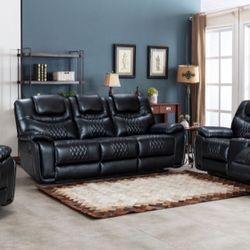 Fourth of July sale. Santiago black leather reclining sofa and loveseat set $1199. Recliner chair, $399. Easy finance option. Same day delivery