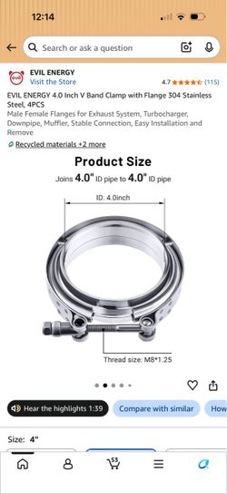 4 Inch V-Band Clamp & Flange Kit 304 Stainless Steel Exhaust Turbo Downpipe Muffler 4PCS