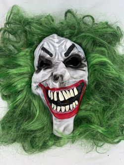 Scary Joker Evil Clown Latex Mask with Green Hair Halloween Horror Cosplay Used