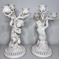 Pair Of Porcelain Cherub Candelabras - Belleek 