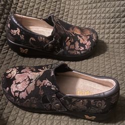 NEW Alegria PG Lite Womens Black Leather Floral Design Slip On shoes KAR-557X 38 size 8-8.5