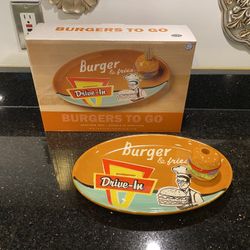 Retro Drive-In Burgers-To-Go Appetizer Tray with Toothpick Holder 12x8x2”