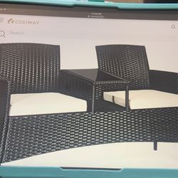 Patio Love Seat With Glass Top Table And Comfortable Off White  Cushion 