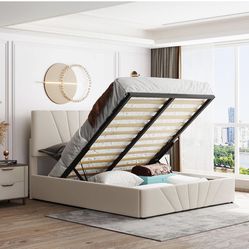 Full Beige Bed With Storage 