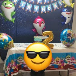 Baby Shark birthday party 35 pieces together,background blue clothe NOT included! Free 5 piece extra