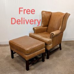 Pottery Barn Thatcher Leather Wingback Chair and Ottoman Free Delivery
