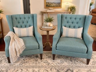 Light Blue Tufted Wingback Accent Chairs - Pair