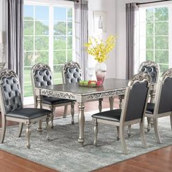 Brand New Elegant Formal Silver Grey 7pc Dining Table Set