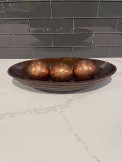 Decorative Wood Dough Bowl with Copper Orbs