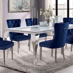 Brand New Glam White Blue Chrome Stainless Steel 7pc Dining Table Set