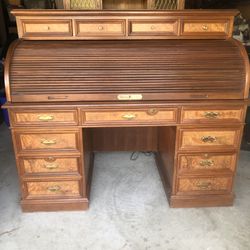 Solid Wood Roll Top Desk W Marble Insert