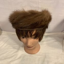 Vintage 1960’s Hat Brown Mink , Fur Hat Pillbox, Hat Designed By PATRICE.