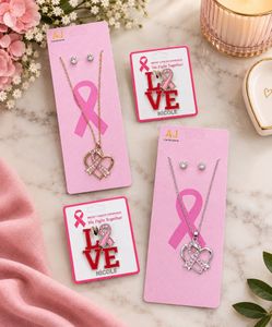 Pink Ribbon Necklace Set & NICOLE LOVE Breast Cancer Awareness Pin New