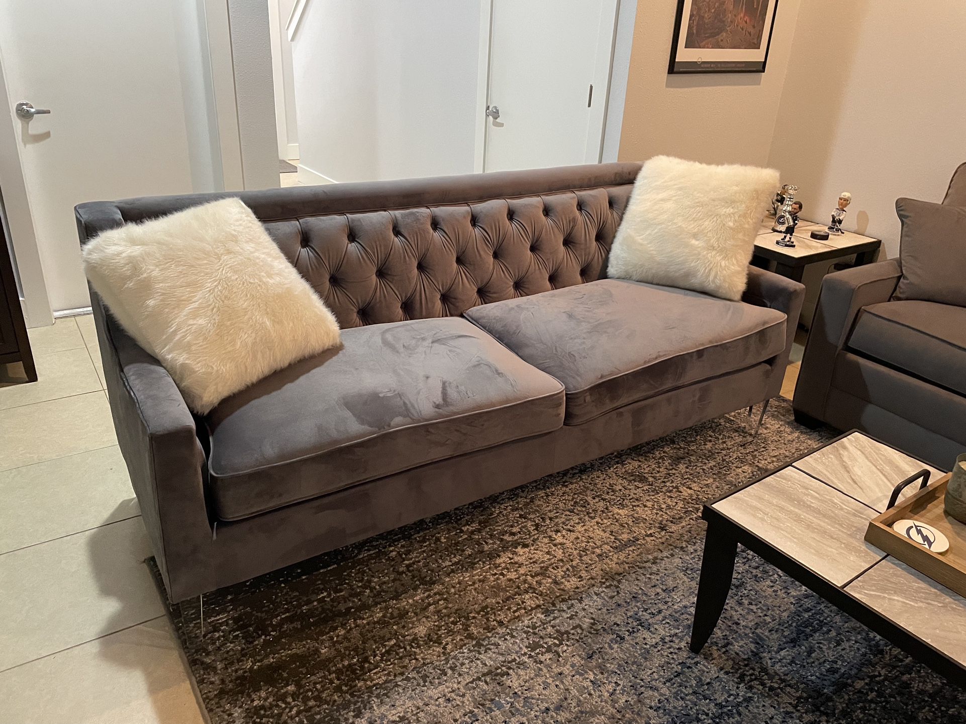 Like New Gray Velvet Couch For Sale T