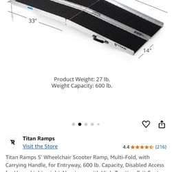Titan Ramps 5' Ramp, Multi-Fold, with Carrying Handle, for Entryway, 600 lb. Capacity, Disabled Access for Home Lightweight Aluminu
