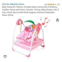 Baby Swing for Infants, Portable Baby Swing with 6 Motions, Toddler Swing with Music, Sounds, Timing, Baby Rocker with 2 Toys, Plsuh Seat & Soft Head 