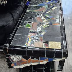 Mosiac Tile. Mirror, Stone And Concrete Coffee Table On A Pedestal Base