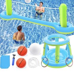 Pool Toys Games Set - 3 in 1 Pool Volleyball Net Basketball Hoop Ring Toss Game Inflatable 