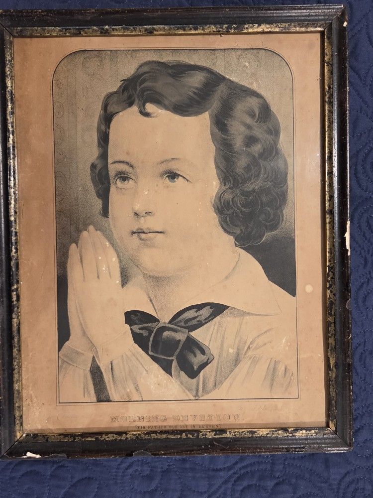 Antique Frame Currier and Ives Morning Devotion Original Lithograph Print
