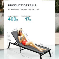 Aluminum Chaise Lounge Ourdoor - Foldable & Assemble Free Outdoor Lounge Chair with 5 Adjustable Backrest, Patio Lounge Chair for Outside Poolside Bea