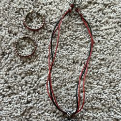 Red Black Heart Necklace Leather Silver With Hoop Earring set 