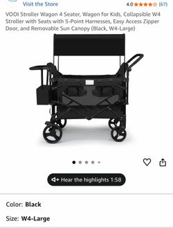 Stroller Wagon 4 Seater, Wagon for Kids, Collapsible W4 Stroller with Seats with 5-Point Harnesses, Easy Access Zipper Door, and Removable Sun Canopy 