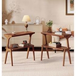 Set of 2 Solid Wood End Table, 2-Tier Side Table with Storage Shelf, Wooden Modern Accent Slim Bedside Table for Sofa, Living Room, Bedroom, Small Spa