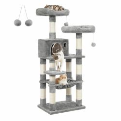 CAT TREE, CAT TOWER FOR INDOOR CATS, 56.3-INCH CAT CONDO WITH SCRATCHING POSTS, HAMMOCK, PLUSH PERCH, LIGHT GRAY UPCT15W
