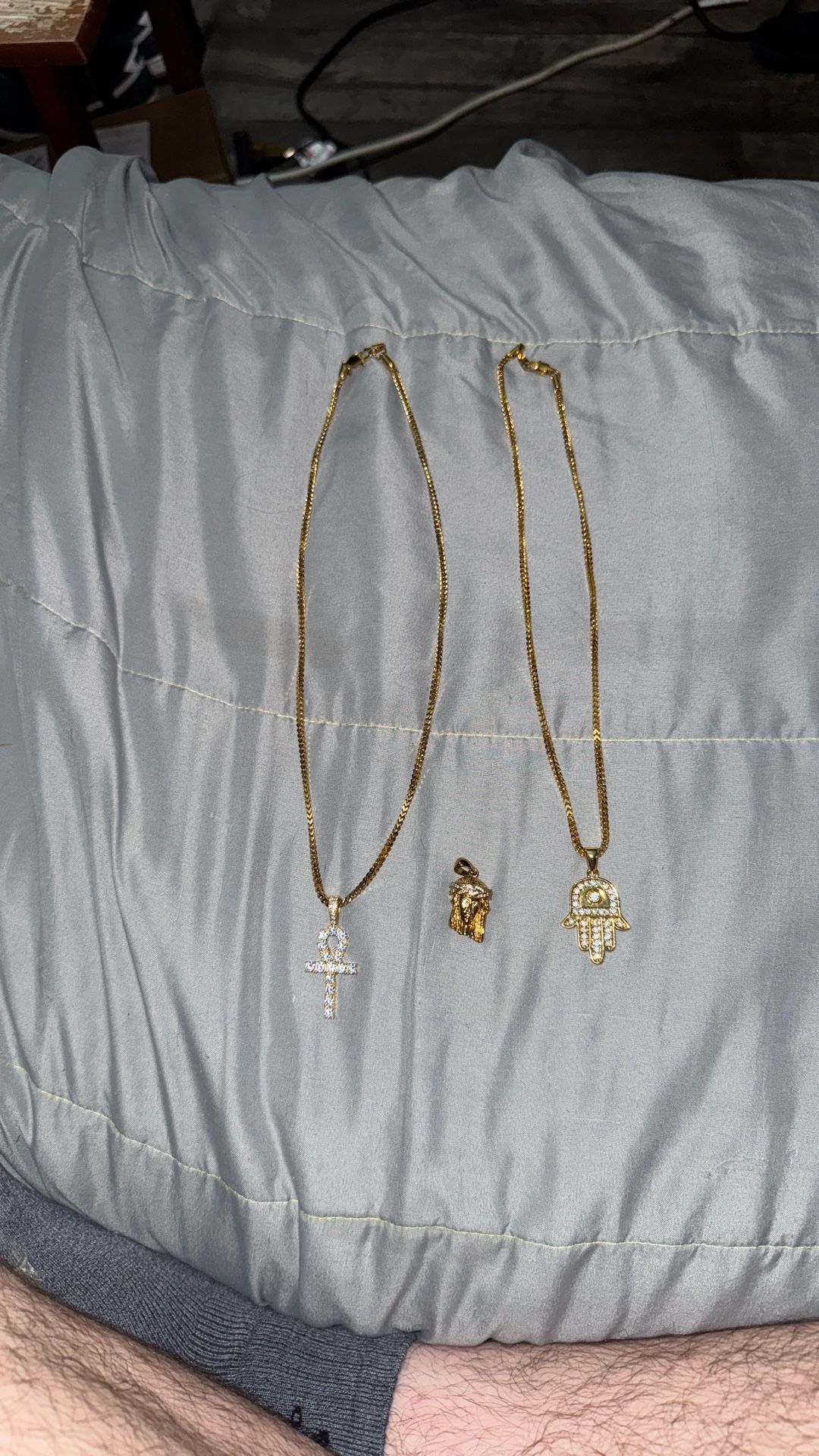 Real 14k Gold Finish Iced Cross 24’’ Chains & 3 Pendants(Ankh Cross, Hamsa Hand & Jesus Piece)