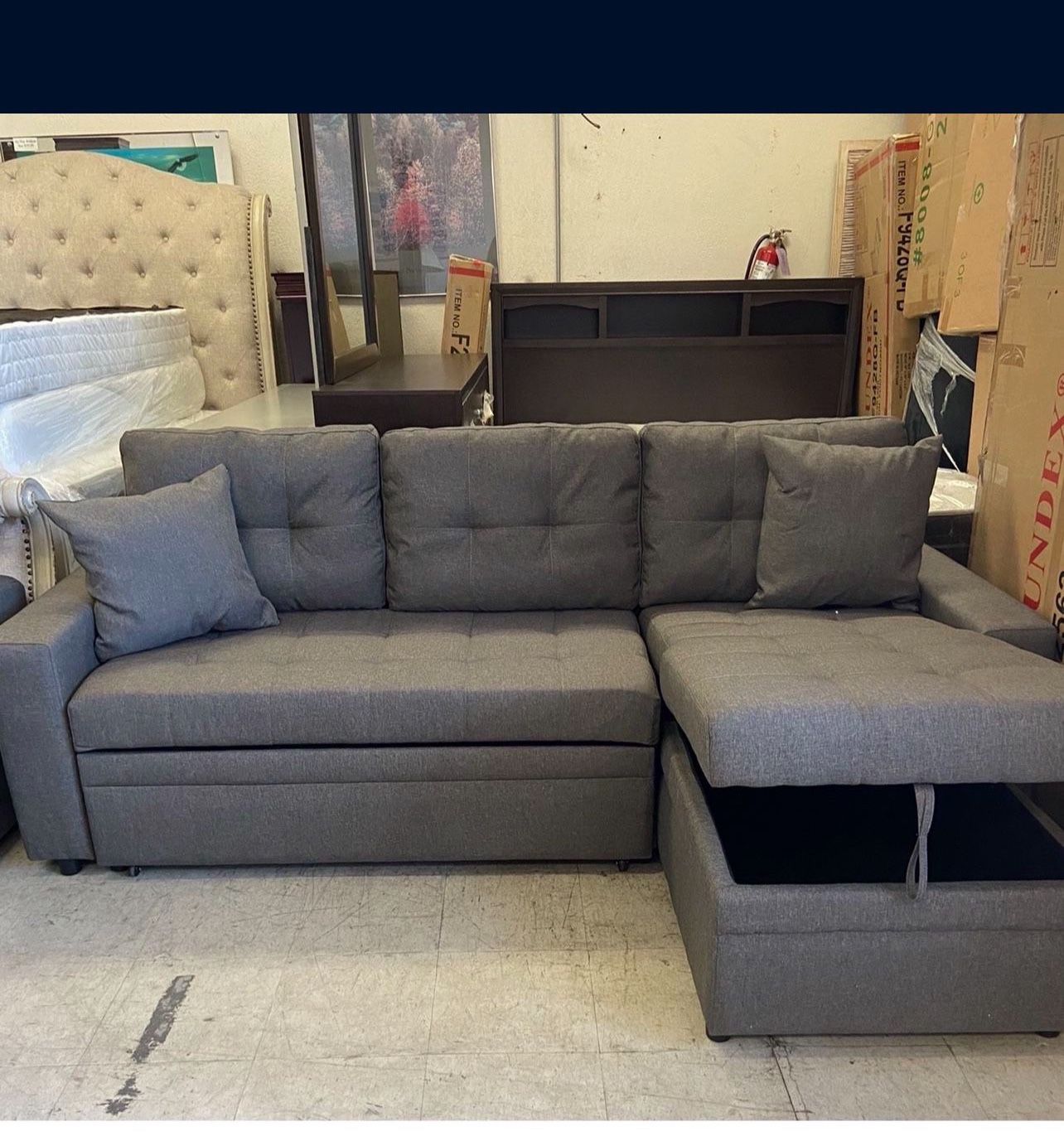 Sectional Sofa Pullout Bed W/Chaise Storage Fabric Reversible 88”x57”X33”H Home & Garden