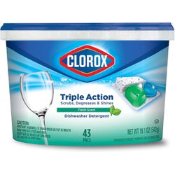 Clorox Triple Action Dishwasher Detergent Pacs, 43 Count Dishwashing Pacs, Fresh Scent