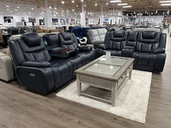 REAL GENUINE LEATHER NAVY SOFA & LOVESEAT POWER RECLINING HEAD & FOOTREST ARM STORAGE AND DROP DOWN MIDDLE CONSOLE !!!*** OFFER ENDS 12/5/25