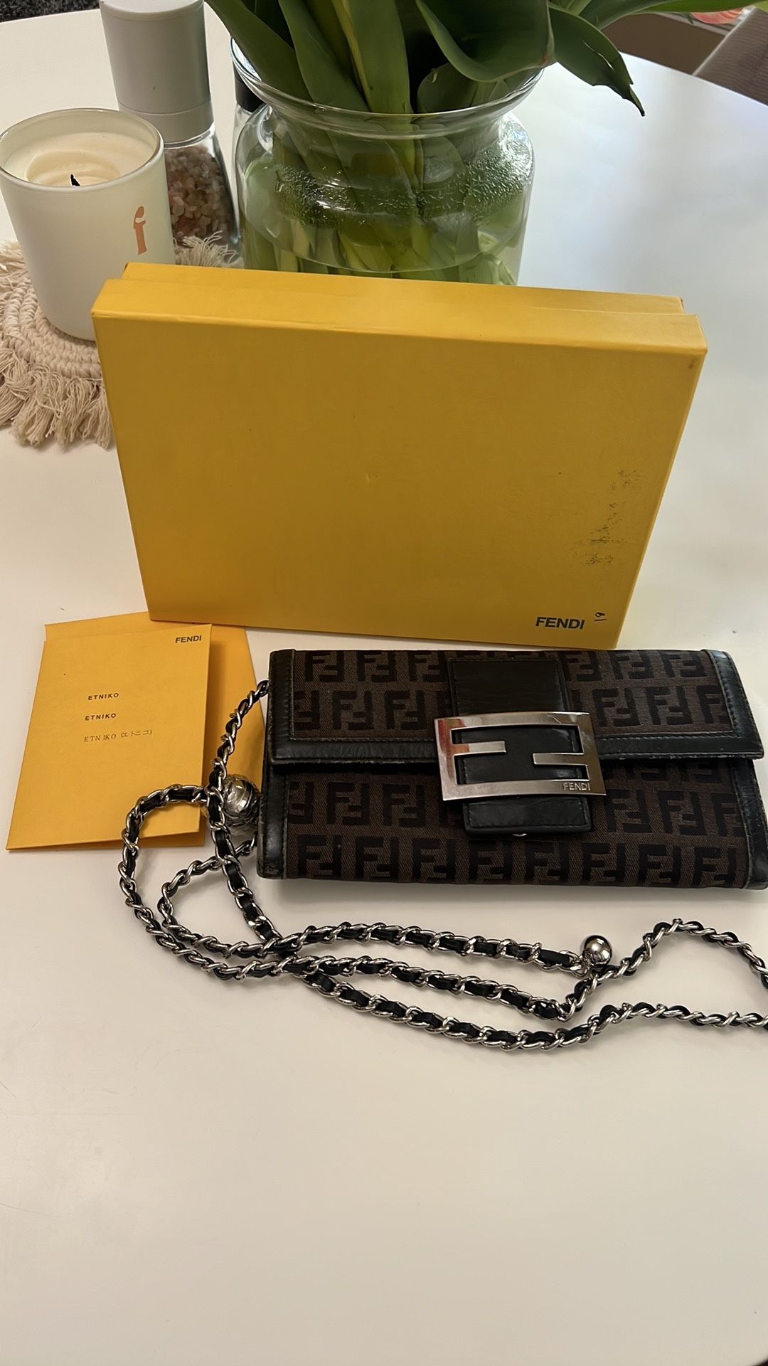 Authentic Fendi Clutch Wallet Shoulder Bag with Chain WOC