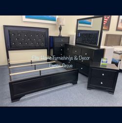 Black Queen 4pc Bedroom Set- Queen Bed Frame W/ LED Lights, Dresser, Mirror, And One Nightstand
