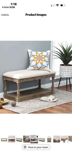 LuxenHome 36 Inch Wood Upholstered Beige Linen Bench with Open Shelf, Footrest Bench for Living Room Entryway or Bedroom, Beige