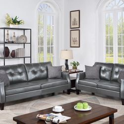 Brand New Grey Leather Modern Style Sofa & Loveseat 