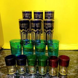 Vintage Morrocan Glasses with Gold Trim Multicolor Set of 16